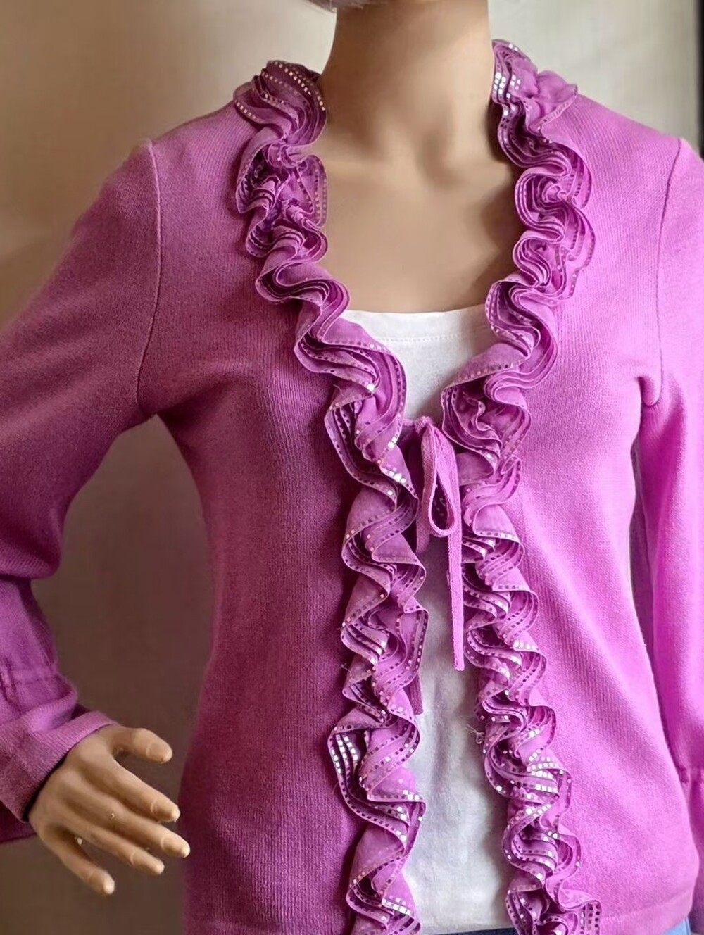St. John Evening Pink Ruffle Embellished Knit Cardigan Jacket Size 6